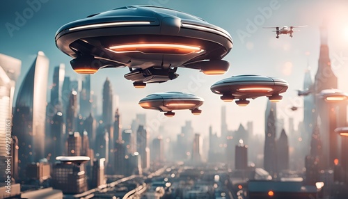 A futuristic city skyline with flying cars