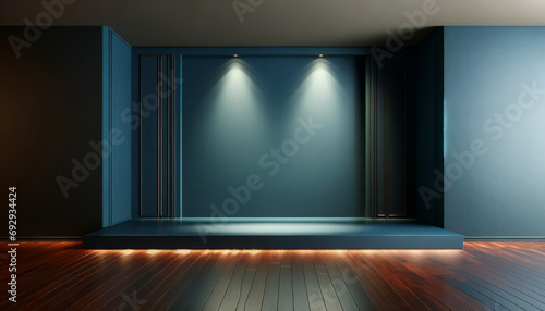 Luxury Ocean Blue Wall and Reflective Wooden Floor Backdrop