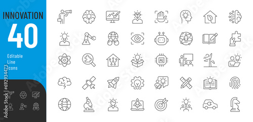 Innovations Editable Icons Set. Vector illustration in thin line style of modern developments icons: smart home, robotics, artificial intelligence, scientific developments, and more. Isolated on white