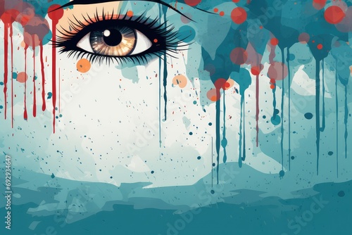 A woman's eye with blood splashes on a grunge background. February 5 - 11: Sexual Abuse & Sexual Violence Awareness Week.