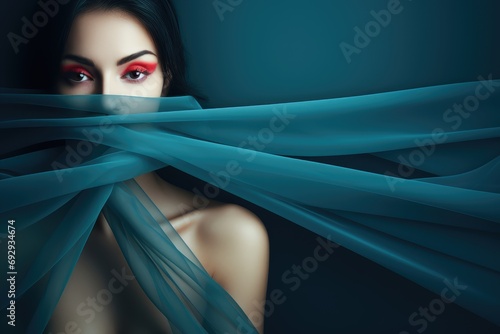 Young woman with blood red make-up restricted by blue cloth. February 5 - 11: Sexual Abuse & Sexual Violence Awareness Week.