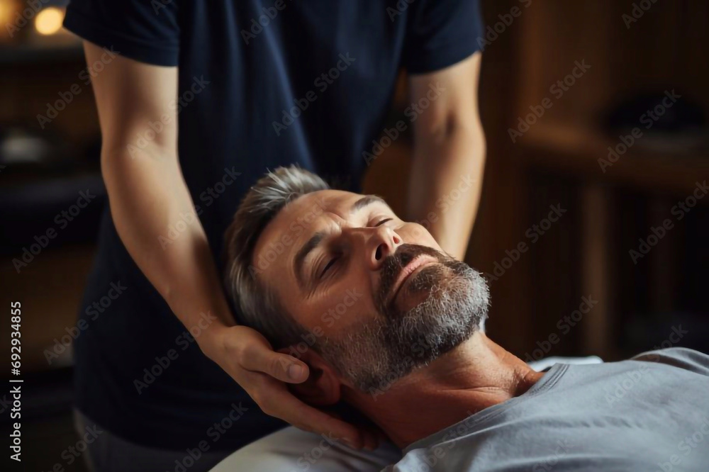 A physiotherapist works with a patient in the clinic, close-up. The masseuse massages the neck and head - obrazy, fototapety, plakaty 