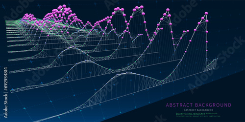 Abstract background multigraph from wire graphs and color spheres on blue. Technology concept data grid. Big Data. Banner for business, science and technology data analytics. photo