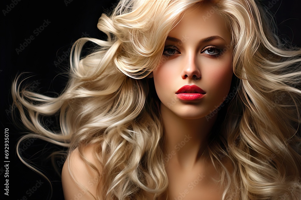 Girl Blonde Sexy Beautiful Hair Blond curly curl wavy young beauty woman make-up fashion styling cosmetic care portrait coiffure eyelash red eye dark lip face long skin FALSE model gloss white - obrazy, fototapety, plakaty 