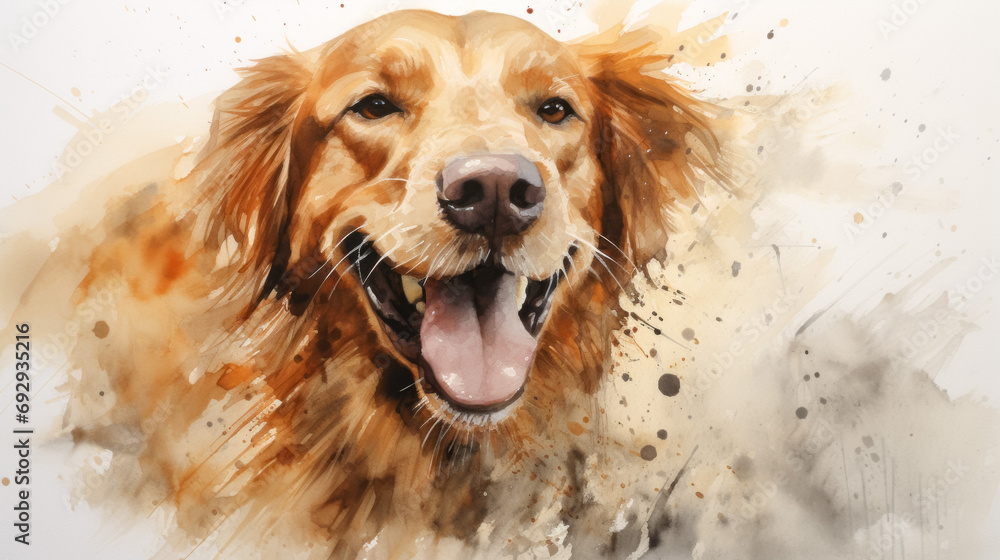 Portrait of a golden retriever dog with watercolor splashes