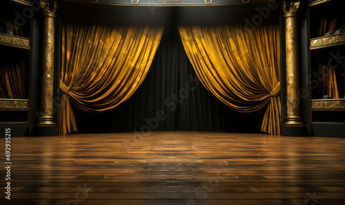 Elegant theatrical stage with luxurious golden curtains drawn aside on a classic wooden floor, inviting performances in a dramatic and opulent setting