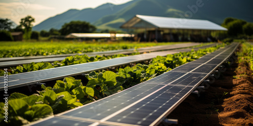 Sustainable Agriculture Concept with Solar Panels Among Green Crops on a Farm, Renewable Energy in Modern Farming, Eco-Friendly Agricultural Technology photo