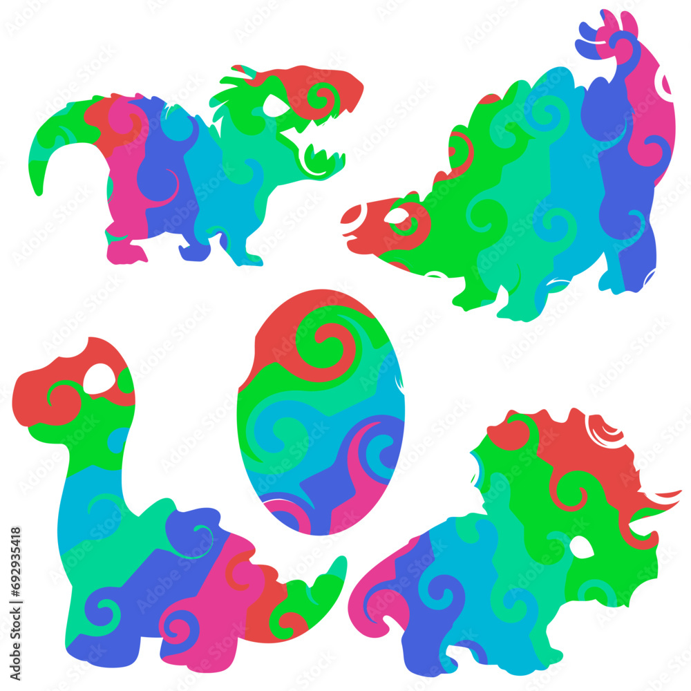 Set of colorful dinosaurs In flat style isolated on background Vector illustration with a swirling pattern
