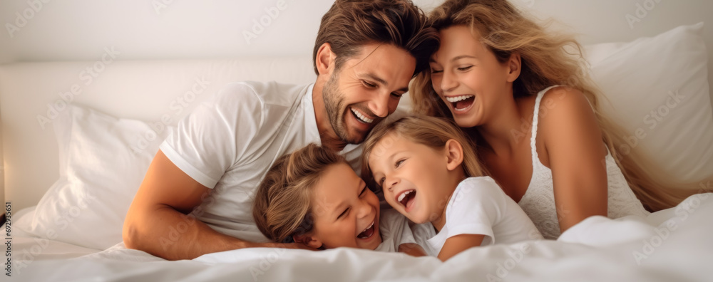 Happy family laughing together in a bright bedroom