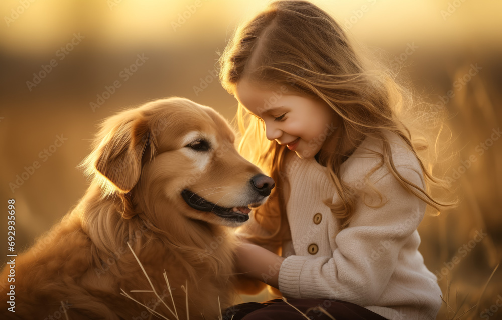 Smiling young girl lovingly embraces her golden retriever at dusk