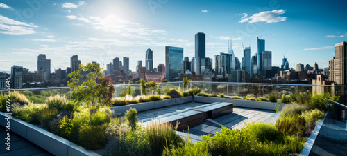 Modern eco-friendly rooftop garden overlooking cityscape