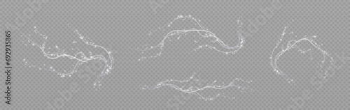 Holiday decor element in the form of a glowing sakura branch. Abstract glowing white dust. Christmas background made of luminous dust. Vector png. Floating cloud of holiday bright little dust.