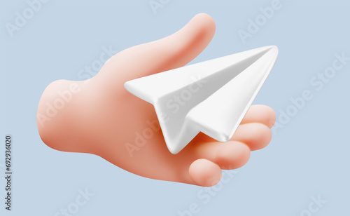 Vector illustration of gesture hand hold paper air plane on color background. 3d style design of man white skin hand and paper air plane
