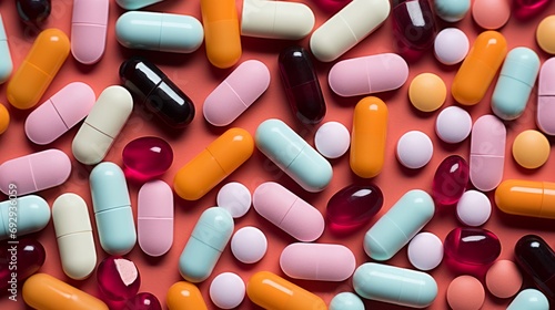 Close-up of Colorful pills, drugs and medications. Pharmaceuticals. Big pharma. Medicine background
 photo