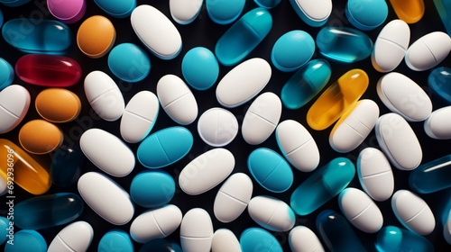 Close-up of Colorful pills, drugs and medications. Pharmaceuticals. Big pharma. Medicine background 