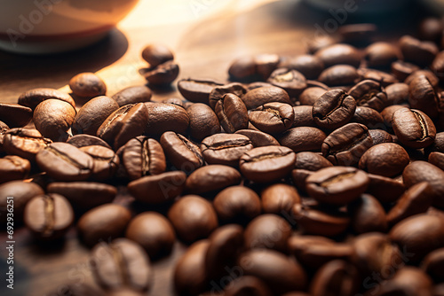 Spilled Coffee Beans on a wooden table, Studio Background Lighting
