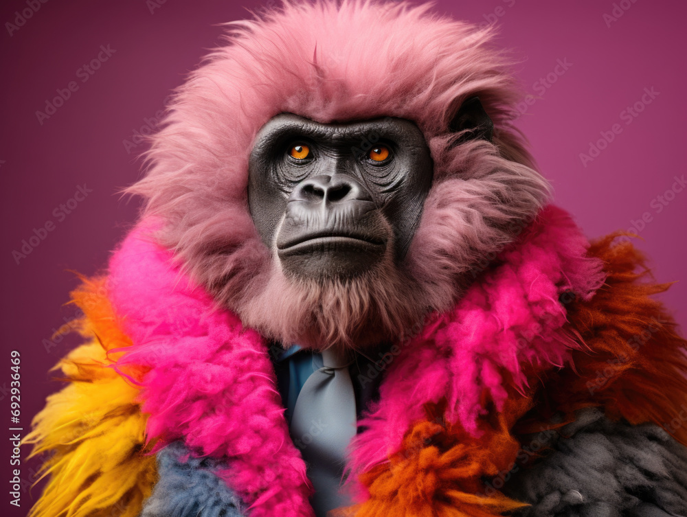 Fototapeta premium Gorilla with colorful fur coat. Unconventional fashion concept.