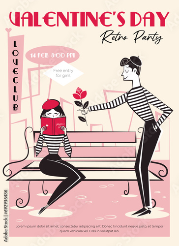 Valentine's Day retro party invitation, poster. 60s - 70s style Valentine's Day vector illustration of mime couple in love, man gives woman a rose.