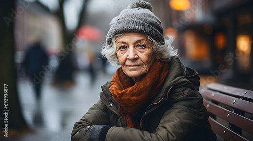 Closeup photoshoot of a senior woman sitting on a park bench, overcast day.Ai