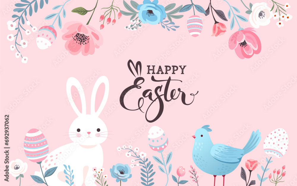 Happy Easter greeting card. Bee, flowers, plants, cute bunnies, birds and rabbits in pastel colors. Minimalist poster, greeting card, header for website