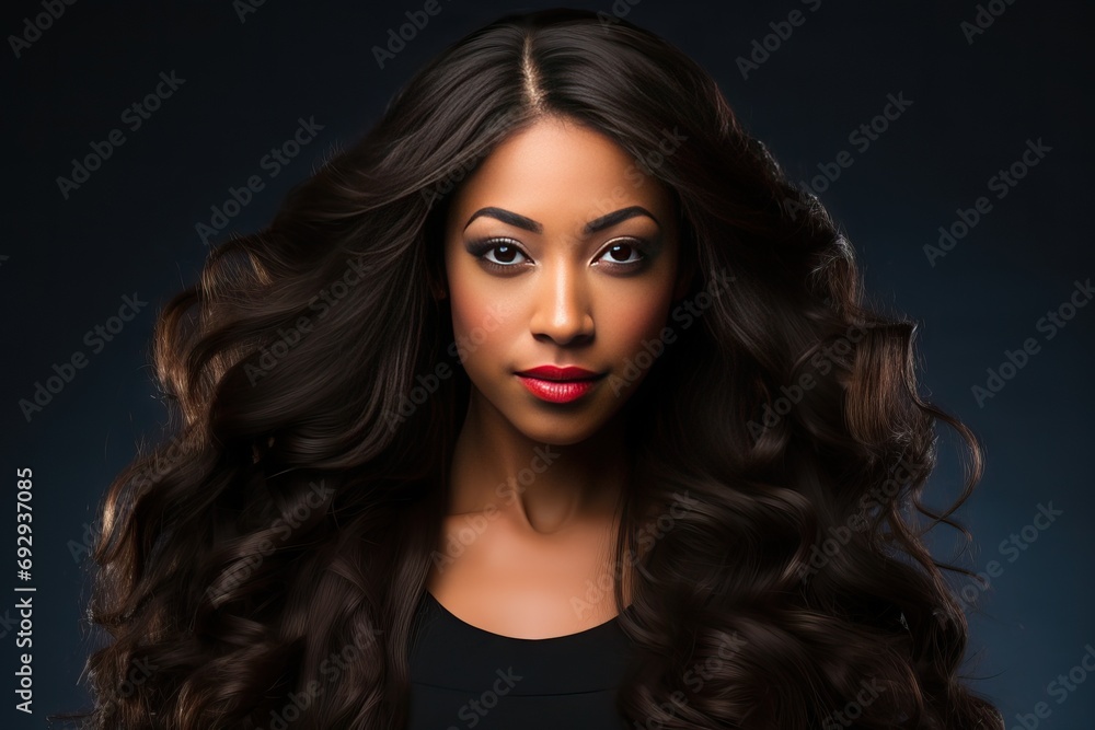 Fototapeta premium hair shiny luxurious long woman Black beautiful beauty girl curly female fashion face young coiffure attractive glamour african healthy afro people skin honed cute make-up curl look style ethnic