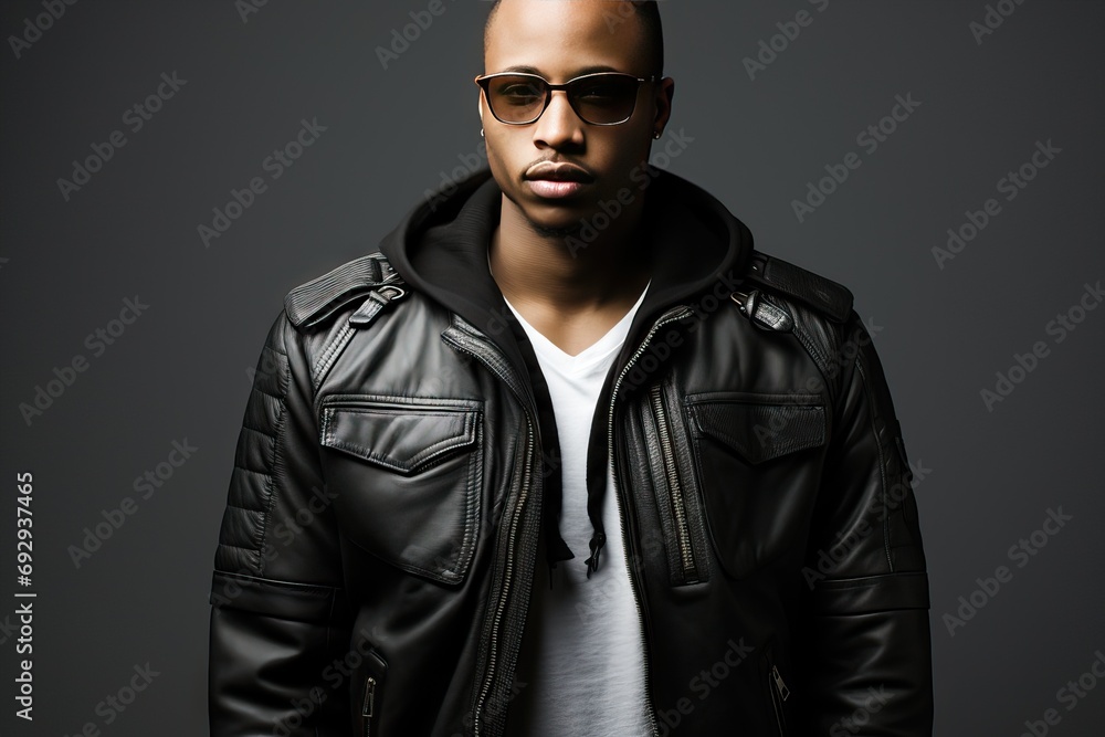 Jacket Leather Man Black african american goggles t-shirt white standing isolated guy looking model hot head fashion photogenic young stylish sexy face male attractive confident cool portrait Jacket Leather Man Black african american goggles t-shirt white standing isolated guy looking model hot head fashion photogenic young stylish sexy face male attractive confident cool portrait