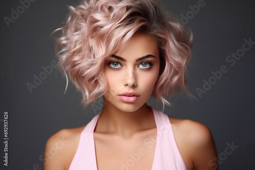  Beautiful model girl with short hair .Beauty smiling woman with blonde pink curly hairstyle dye .Fashion, cosmetics and makeup
