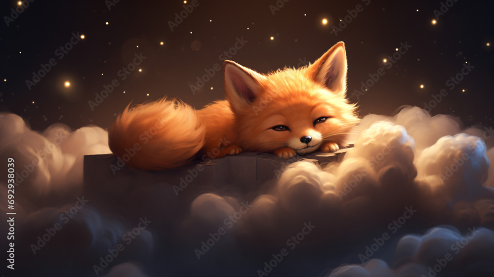 A baby fox cub sleeps on a cloud among the stars