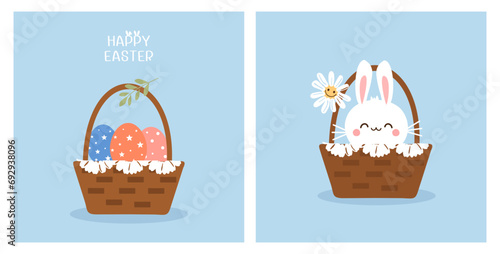 Easter eggs in baskets icon set on blue backgrounds vector.