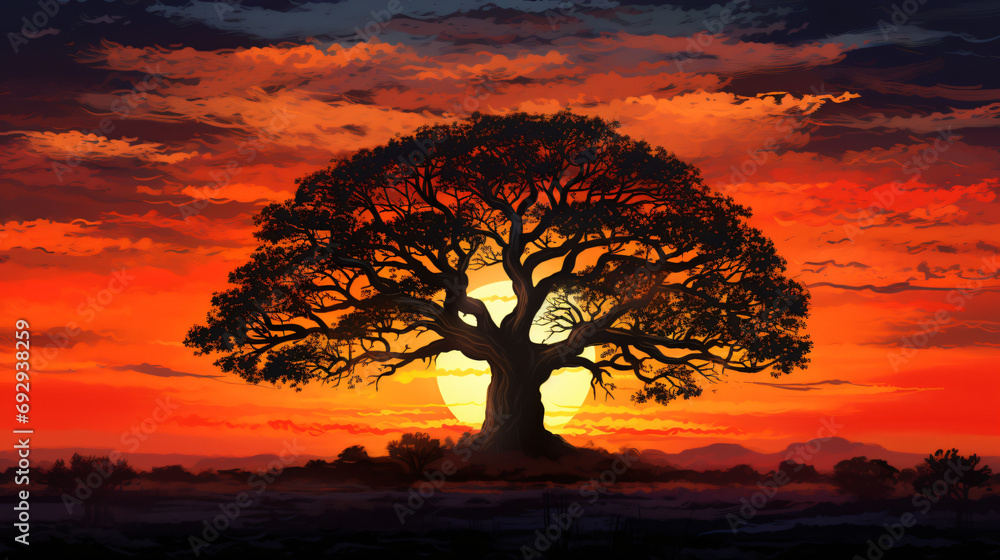 Big tree silhouette sunset