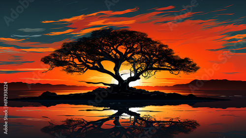 Big tree silhouette sunset