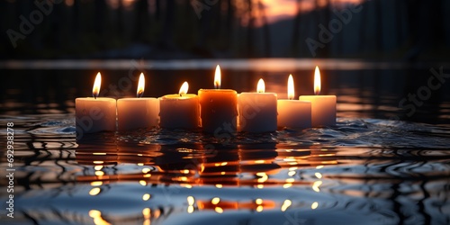 A wide-format abstract background image, showcasing candles floating gracefully in water, blending tranquility and warmth for a visually captivating scene. Photorealistic illustration