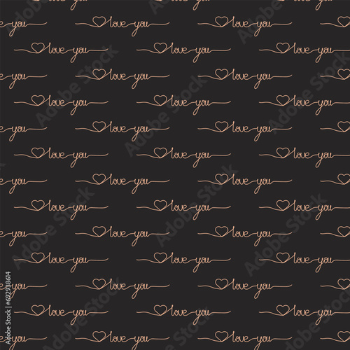 doodle style black seamless pattern text love you, seamless pattern hand drown on a black background, pantone peach fuzz color doodle style vector illustration