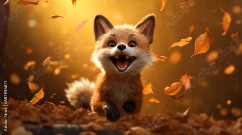 A cute fox runs in leaf fall through autumn leaves