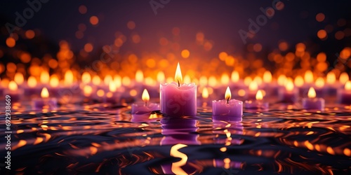A wide-format abstract background image for creative content, featuring candlelights with a shallow depth of field, adding a sense of warmth and intimacy to the scene. Photorealistic illustration