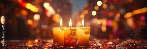 A wide-format abstract background image for creative content, presenting a close-up view of three candlelights with a shallow depth of field. Photorealistic illustration