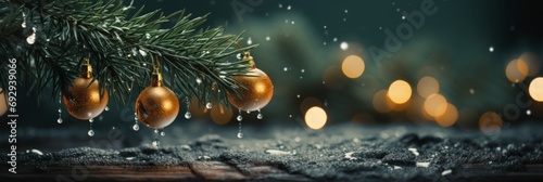 An abstract background image, displaying baubles and fir branches with ample space for customization, allowing flexibility for various creative elements to be added. Photorealistic illustration