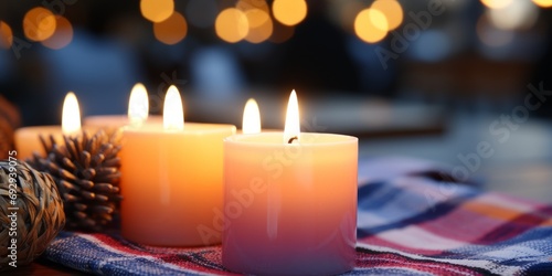 A wide-format abstract background image for creative content, featuring a close-up of candlelights with a shallow depth of field, creating an intimate atmosphere. Photorealistic illustration