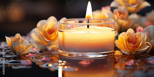 A wide-format abstract background image for creative content, presenting a close-up of a candlelight surrounded by flowers, creating a warm and intimate ambiance. Photorealistic illustration