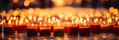 A wide-format abstract background image for creative content, highlighting numerous candlelights with a shallow depth of field, creating a visually engaging atmosphere. Photorealistic illustration