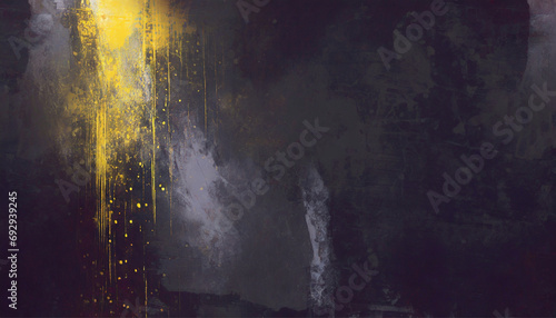 Grunge background with space for text, abstract texture; old street wall and yellow paint stain, stains and scratches