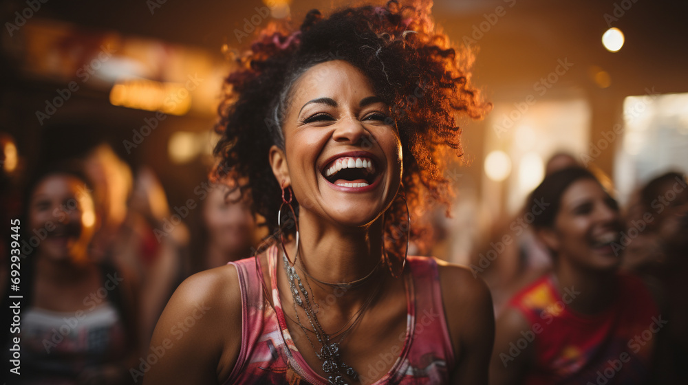 Zumba dance class filled with middle-aged women each expressing their happiness and energy through dance, AI Generated - obrazy, fototapety, plakaty 