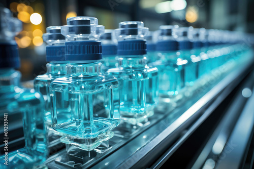 A row of glass vials on a pharmaceutical production line in a factory, illustrating modern medicine manufacturing and technology.