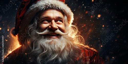 A wide-format abstract background image for creative content, featuring Santa Claus looking up at the sky with a joyful smile, creating a whimsical atmosphere. Photorealistic illustration