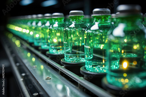 A line of green plastic bottles on a conveyor belt in a manufacturing plant, representing mass production and industrial bottling.
