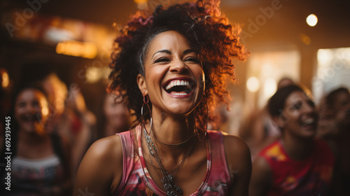 Zumba dance class filled with middle-aged women each expressing their happiness and energy through dance, AI Generated photo