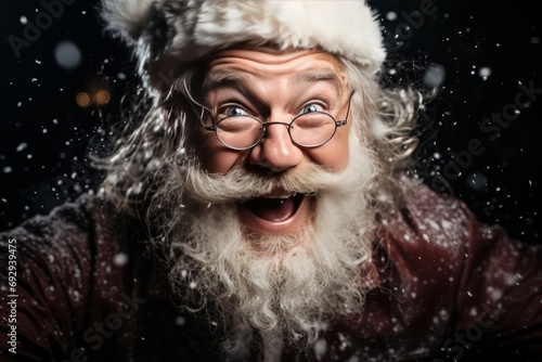 A captivating abstract background image for creative content, showcasing Santa Claus with a playful and joyful expression, creating a festive atmosphere. Photorealistic illustration