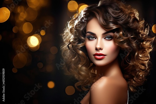 Murais de parede background dark holiday hairstyle curly makeup beautiful woman Beauty sexy brune