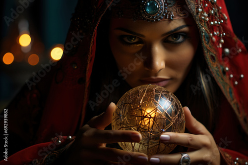Portrait of a gypsy fortune teller, witchcraft, mysticism and extrasensory perception concept. Close-up of a mystical woman ball sphere of clairvoyance photo