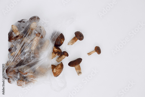 Polish mushroom packed in plastic bag over light background. Copy space. Top view. Organic forest food, edible fresh picked. Plastic Pollution, Consumerism, Healthy Eating concept